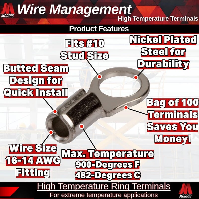 Morris Products High Temperature Ring Terminals â€“ 16-14 Wire Size - #10 Stud Size â€“ Nickel-Plated Steel â€“ For HVAC, Industrial Kilns, Electric Space Heaters, Commercial Ovens, Fryers â€“ Pack of 100, (12518) - Image 2